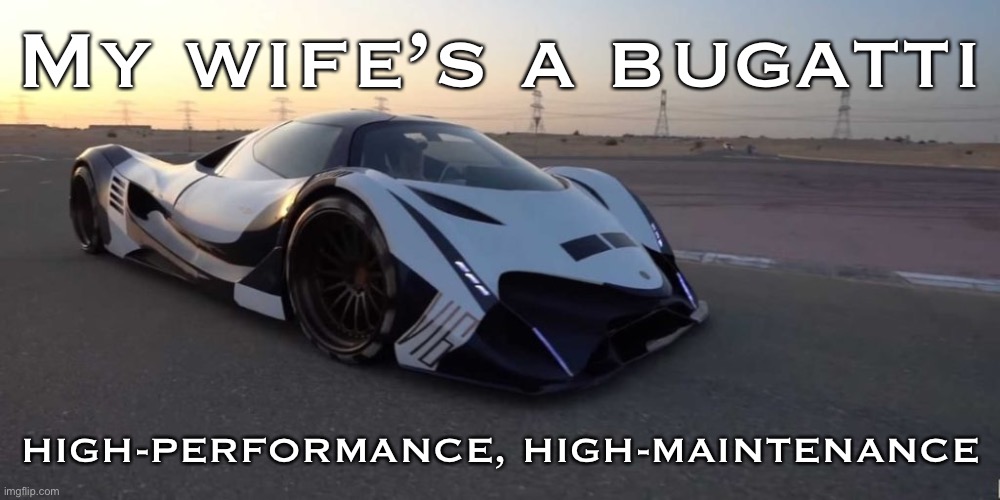 ImgFlip, or continued marriage to a woman who buys me nice things? I dunno man | My wife’s a bugatti; HIGH-PERFORMANCE, HIGH-MAINTENANCE | image tagged in lol bugatti and others,marriage,wife,imgflip,the daily struggle imgflip edition,first world imgflip problems | made w/ Imgflip meme maker