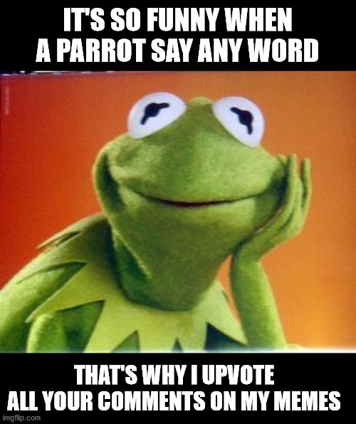 Thanks you for your comments | IT'S SO FUNNY WHEN A PARROT SAY ANY WORD; THAT'S WHY I UPVOTE ALL YOUR COMMENTS ON MY MEMES | image tagged in kermit smiling,memes,funny,parrot,meme comments | made w/ Imgflip meme maker
