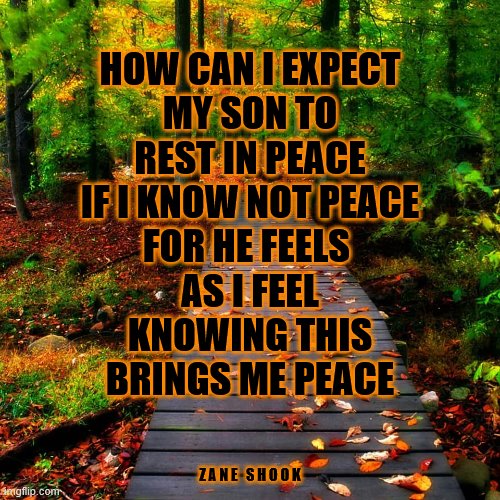 At Peace | HOW CAN I EXPECT
MY SON TO
REST IN PEACE
IF I KNOW NOT PEACE
FOR HE FEELS 
AS I FEEL

KNOWING THIS
BRINGS ME PEACE; Z A N E   S H O O K | image tagged in grief,love,loss,hope | made w/ Imgflip meme maker