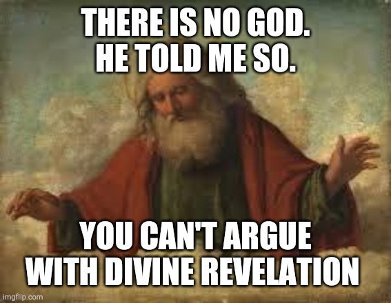 god | THERE IS NO GOD.
HE TOLD ME SO. YOU CAN'T ARGUE WITH DIVINE REVELATION | image tagged in god | made w/ Imgflip meme maker