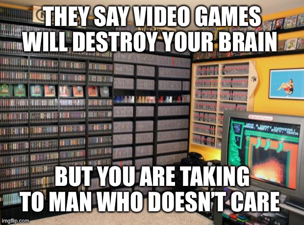 video games | THEY SAY VIDEO GAMES WILL DESTROY YOUR BRAIN; BUT YOU ARE TAKING TO MAN WHO DOESN’T CARE | image tagged in video games | made w/ Imgflip meme maker