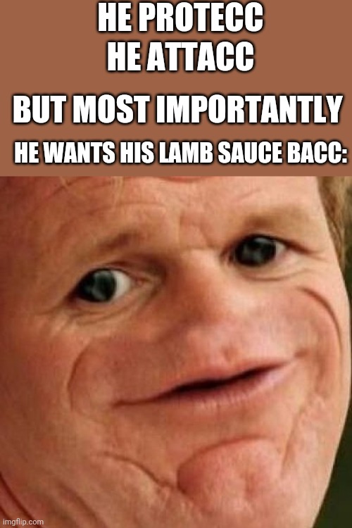SOSIG | HE PROTECC; HE ATTACC; BUT MOST IMPORTANTLY; HE WANTS HIS LAMB SAUCE BACC: | image tagged in sosig | made w/ Imgflip meme maker