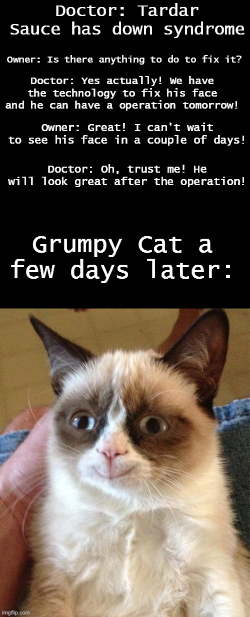 R.I.P Grumpy Cat, imagine him turning his frown upside down no longer having down syndrome, his name would be Happy Cat! |  Doctor: Tardar Sauce has down syndrome; Owner: Is there anything to do to fix it? Doctor: Yes actually! We have the technology to fix his face and he can have a operation tomorrow! Owner: Great! I can't wait to see his face in a couple of days! Doctor: Oh, trust me! He will look great after the operation! Grumpy Cat a few days later: | image tagged in memes,grumpy cat happy,grumpy cat | made w/ Imgflip meme maker