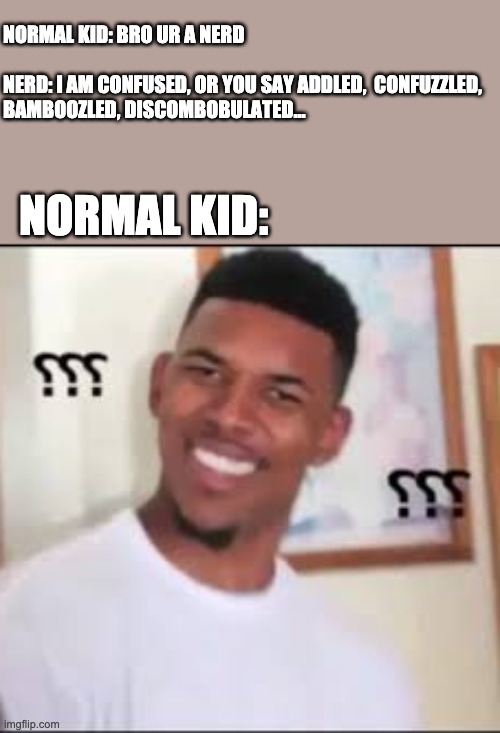 First meme | NORMAL KID: BRO UR A NERD
     
NERD: I AM CONFUSED, OR YOU SAY ADDLED,  CONFUZZLED, 
BAMBOOZLED, DISCOMBOBULATED... NORMAL KID: | image tagged in first time | made w/ Imgflip meme maker