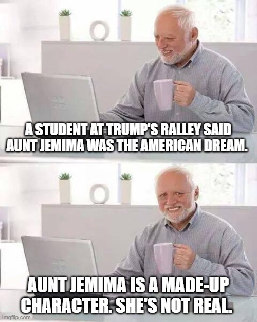 The Actress was Named Nancy Green. | A STUDENT AT TRUMP'S RALLEY SAID AUNT JEMIMA WAS THE AMERICAN DREAM. AUNT JEMIMA IS A MADE-UP CHARACTER. SHE'S NOT REAL. | image tagged in memes,hide the pain harold | made w/ Imgflip meme maker