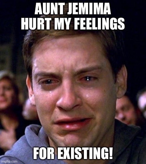 crying peter parker | AUNT JEMIMA HURT MY FEELINGS FOR EXISTING! | image tagged in crying peter parker | made w/ Imgflip meme maker