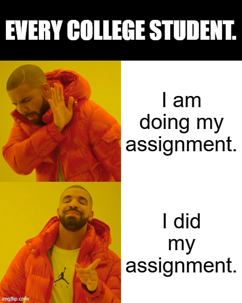 Drake Hotline Bling Meme | EVERY COLLEGE STUDENT. I am doing my assignment. I did my assignment. | image tagged in memes,drake hotline bling | made w/ Imgflip meme maker