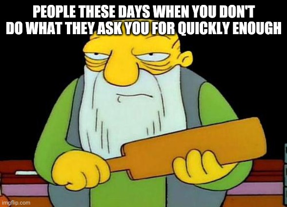 That's a paddlin' | PEOPLE THESE DAYS WHEN YOU DON'T DO WHAT THEY ASK YOU FOR QUICKLY ENOUGH | image tagged in memes,that's a paddlin' | made w/ Imgflip meme maker