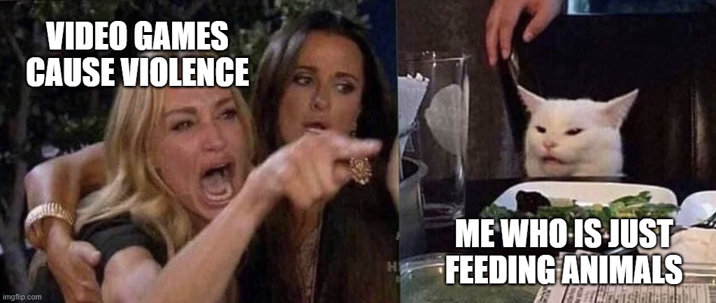 woman yelling at cat | VIDEO GAMES CAUSE VIOLENCE; ME WHO IS JUST FEEDING ANIMALS | image tagged in woman yelling at cat | made w/ Imgflip meme maker