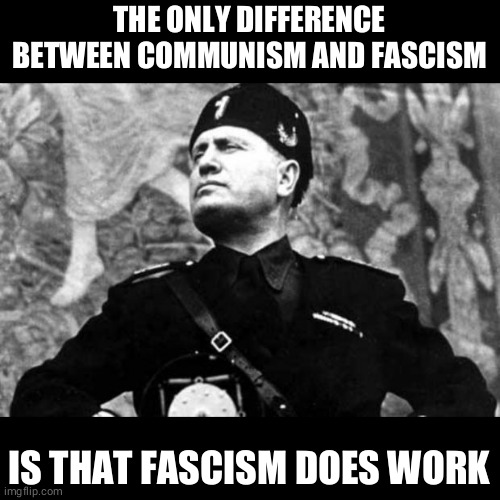mussolini | THE ONLY DIFFERENCE BETWEEN COMMUNISM AND FASCISM; IS THAT FASCISM DOES WORK | image tagged in mussolini,memes,politics,fascism,communism | made w/ Imgflip meme maker