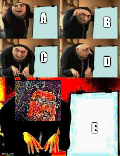 Learning the Alphabet with Gru | B; A; C; D; E | image tagged in gru's plan deepfried,lol,bruh moment,roflmao,lmfao | made w/ Imgflip meme maker
