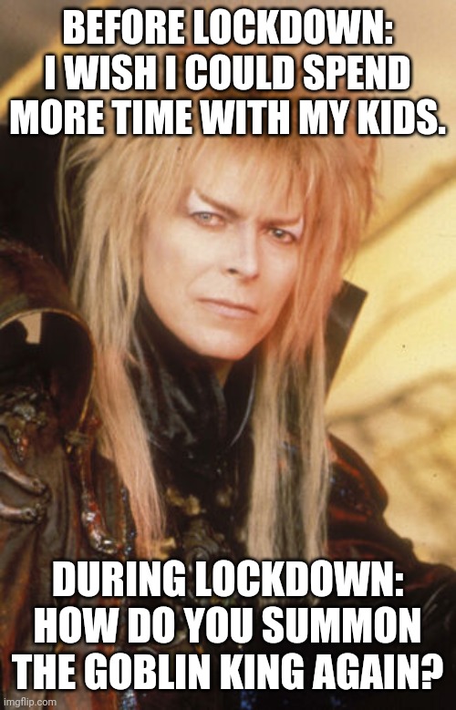 Lockdown | BEFORE LOCKDOWN: I WISH I COULD SPEND MORE TIME WITH MY KIDS. DURING LOCKDOWN: HOW DO YOU SUMMON THE GOBLIN KING AGAIN? | image tagged in lockdown,kids,covid-19,covid19,coronavirus,corona virus | made w/ Imgflip meme maker
