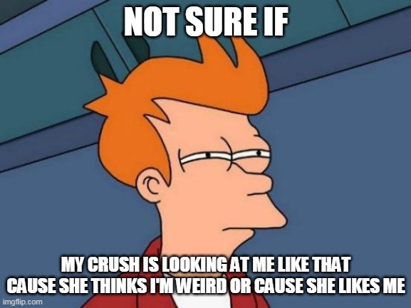 something something | NOT SURE IF; MY CRUSH IS LOOKING AT ME LIKE THAT CAUSE SHE THINKS I'M WEIRD OR CAUSE SHE LIKES ME | image tagged in memes,futurama fry | made w/ Imgflip meme maker