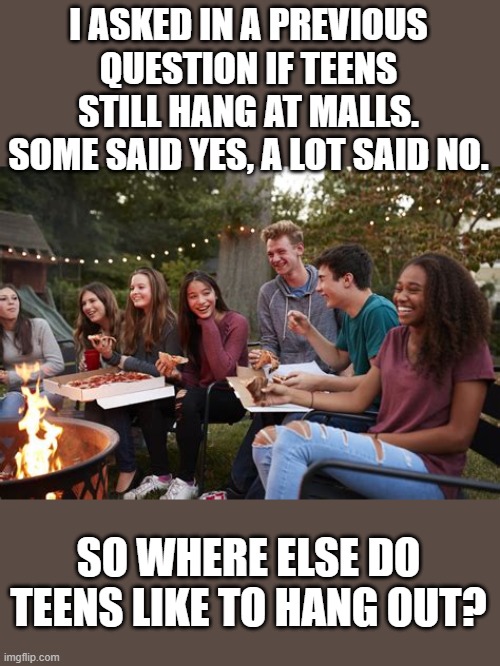 I ASKED IN A PREVIOUS QUESTION IF TEENS STILL HANG AT MALLS. SOME SAID YES, A LOT SAID NO. SO WHERE ELSE DO TEENS LIKE TO HANG OUT? | made w/ Imgflip meme maker