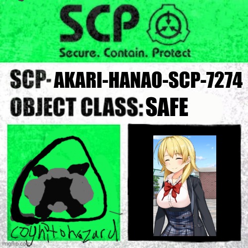 Akari hanao SCP 7274 | AKARI-HANAO-SCP-7274; SAFE | image tagged in scp label template safe | made w/ Imgflip meme maker
