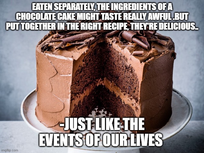 Life like cake | EATEN SEPARATELY, THE INGREDIENTS OF A CHOCOLATE CAKE MIGHT TASTE REALLY AWFUL .BUT PUT TOGETHER IN THE RIGHT RECIPE, THEY'RE DELICIOUS.. -JUST LIKE THE EVENTS OF OUR LIVES | image tagged in cake,chocolate,life,live,learn | made w/ Imgflip meme maker