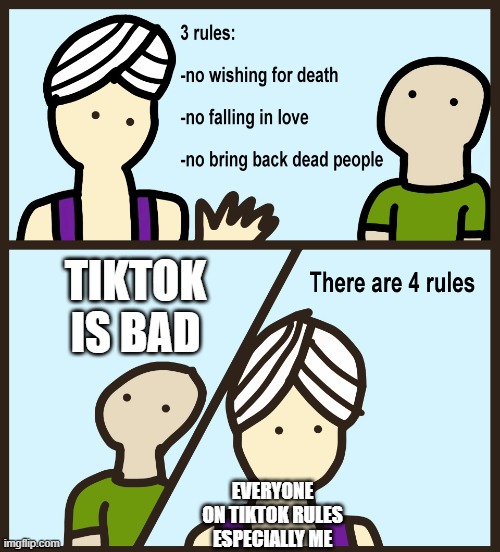 There are 4 rules | TIKTOK IS BAD; EVERYONE ON TIKTOK RULES ESPECIALLY ME | image tagged in there are 4 rules | made w/ Imgflip meme maker