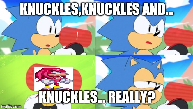 The Sonic Mania Meme | KNUCKLES,KNUCKLES AND... KNUCKLES... REALLY? | image tagged in the sonic mania meme | made w/ Imgflip meme maker