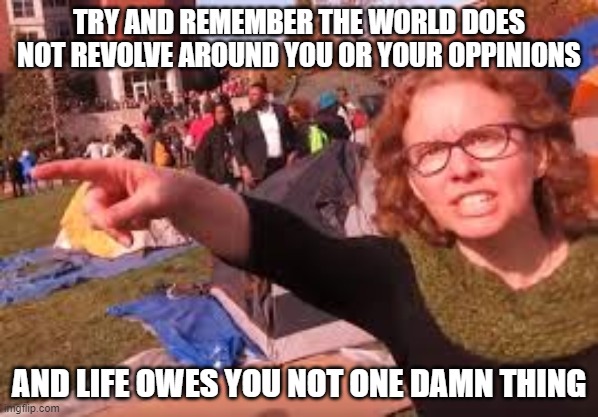 sjw | TRY AND REMEMBER THE WORLD DOES NOT REVOLVE AROUND YOU OR YOUR OPPINIONS; AND LIFE OWES YOU NOT ONE DAMN THING | image tagged in sjw | made w/ Imgflip meme maker