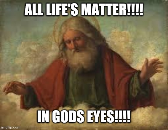 god | ALL LIFE'S MATTER!!!! IN GODS EYES!!!! | image tagged in god | made w/ Imgflip meme maker