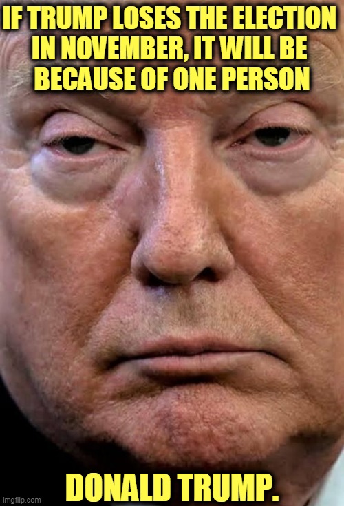 He'll blame everybody else in the world, but the buck stops with him. | IF TRUMP LOSES THE ELECTION 
IN NOVEMBER, IT WILL BE 
BECAUSE OF ONE PERSON; DONALD TRUMP. | image tagged in trump woozy dilated,trump,loser,alibi,excuses,weakness | made w/ Imgflip meme maker