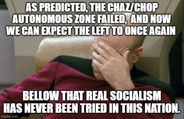 Captain Picard Facepalm Meme | AS PREDICTED, THE CHAZ/CHOP AUTONOMOUS ZONE FAILED,  AND NOW WE CAN EXPECT THE LEFT TO ONCE AGAIN; BELLOW THAT REAL SOCIALISM HAS NEVER BEEN TRIED IN THIS NATION. | image tagged in memes,captain picard facepalm | made w/ Imgflip meme maker