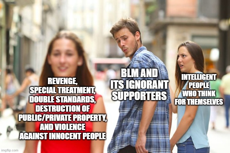 The Truth | BLM AND ITS IGNORANT SUPPORTERS; REVENGE, SPECIAL TREATMENT, DOUBLE STANDARDS, DESTRUCTION OF PUBLIC/PRIVATE PROPERTY, AND VIOLENCE AGAINST INNOCENT PEOPLE; INTELLIGENT PEOPLE WHO THINK FOR THEMSELVES | image tagged in memes,distracted boyfriend,blm,terrorists,hypocrisy | made w/ Imgflip meme maker