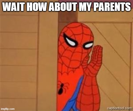 psst spiderman | WAIT HOW ABOUT MY PARENTS | image tagged in psst spiderman | made w/ Imgflip meme maker