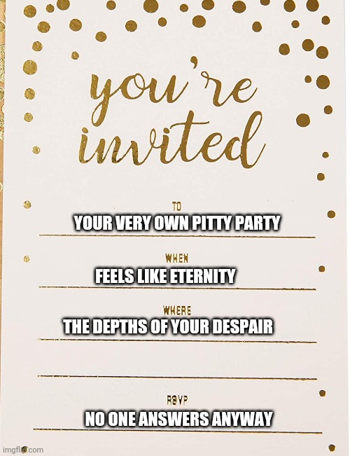YOUR VERY OWN PITTY PARTY; FEELS LIKE ETERNITY; THE DEPTHS OF YOUR DESPAIR; NO ONE ANSWERS ANYWAY | image tagged in funny memes | made w/ Imgflip meme maker