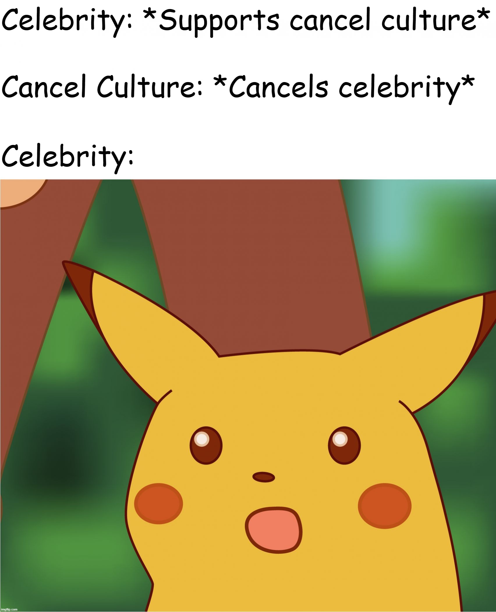 Surprised Pikachu (High Quality) | Celebrity: *Supports cancel culture*; Cancel Culture: *Cancels celebrity*; Celebrity: | image tagged in surprised pikachu high quality | made w/ Imgflip meme maker