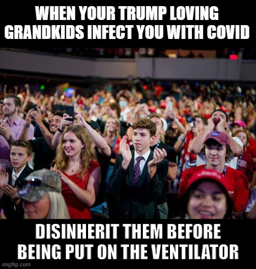 Young Republicans at Phoenix Megachurch Rally | WHEN YOUR TRUMP LOVING GRANDKIDS INFECT YOU WITH COVID; DISINHERIT THEM BEFORE BEING PUT ON THE VENTILATOR | image tagged in trump rally,young republicans,megachurch,coronavirus,no masks,grandchildren | made w/ Imgflip meme maker