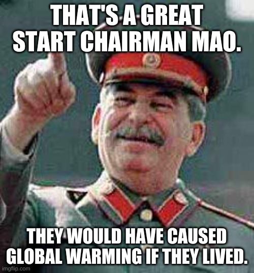 Stalin says | THAT'S A GREAT START CHAIRMAN MAO. THEY WOULD HAVE CAUSED GLOBAL WARMING IF THEY LIVED. | image tagged in stalin says | made w/ Imgflip meme maker