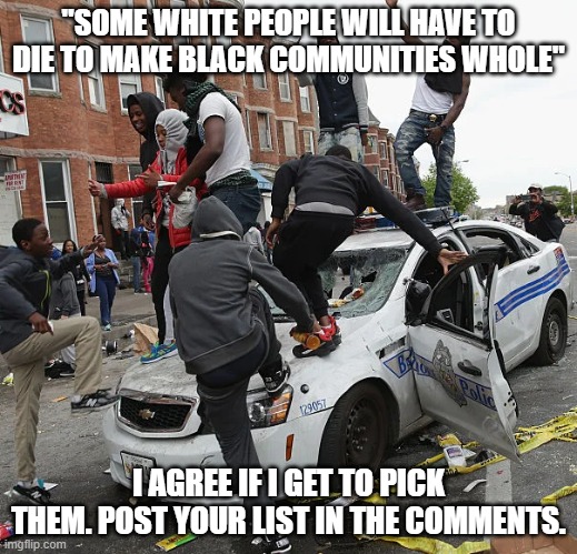 Some white people will have to die to make black communities whole | "SOME WHITE PEOPLE WILL HAVE TO DIE TO MAKE BLACK COMMUNITIES WHOLE"; I AGREE IF I GET TO PICK THEM. POST YOUR LIST IN THE COMMENTS. | image tagged in blm | made w/ Imgflip meme maker