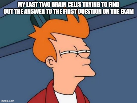Futurama Fry | MY LAST TWO BRAIN CELLS TRYING TO FIND OUT THE ANSWER TO THE FIRST QUESTION ON THE EXAM | image tagged in memes,futurama fry | made w/ Imgflip meme maker