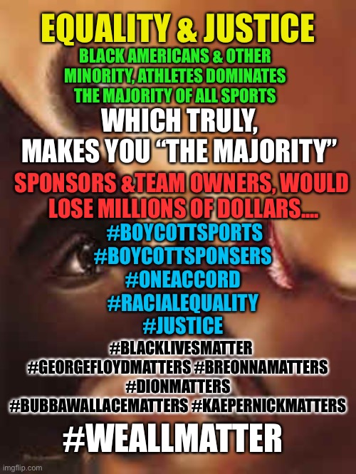 Boycott | BLACK AMERICANS & OTHER MINORITY, ATHLETES DOMINATES THE MAJORITY OF ALL SPORTS; EQUALITY & JUSTICE; WHICH TRULY, MAKES YOU “THE MAJORITY”; SPONSORS &TEAM OWNERS, WOULD  LOSE MILLIONS OF DOLLARS.... #BOYCOTTSPORTS
#BOYCOTTSPONSERS
#ONEACCORD
#RACIALEQUALITY
#JUSTICE; #BLACKLIVESMATTER #GEORGEFLOYDMATTERS #BREONNAMATTERS
#DIONMATTERS
#BUBBAWALLACEMATTERS #KAEPERNICKMATTERS; #WEALLMATTER | image tagged in political meme,memes,boardroom meeting suggestion,first world problems | made w/ Imgflip meme maker