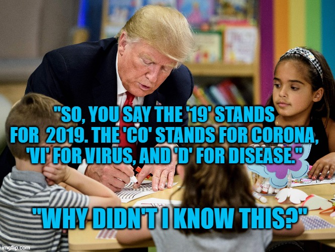 President Pandemic Taken to School | "SO, YOU SAY THE '19' STANDS FOR  2019. THE 'CO' STANDS FOR CORONA, 'VI' FOR VIRUS, AND 'D' FOR DISEASE."; "WHY DIDN'T I KNOW THIS?" | image tagged in politics | made w/ Imgflip meme maker