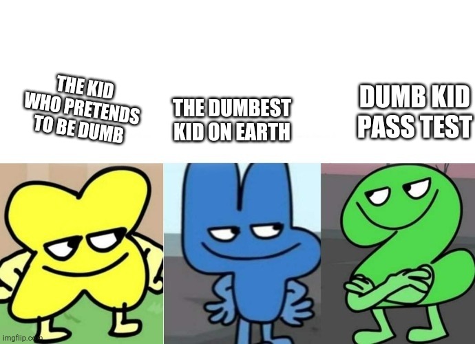 BFB Smug | THE KID WHO PRETENDS TO BE DUMB THE DUMBEST KID ON EARTH DUMB KID PASS TEST | image tagged in bfb smug | made w/ Imgflip meme maker