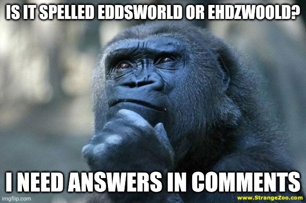 Deep Thoughts | IS IT SPELLED EDDSWORLD OR EHDZWOOLD? I NEED ANSWERS IN COMMENTS | image tagged in deep thoughts | made w/ Imgflip meme maker