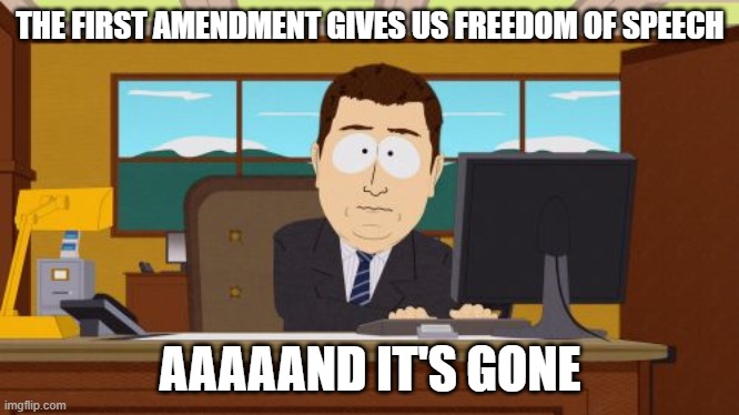 Aaaaand Its Gone Meme | THE FIRST AMENDMENT GIVES US FREEDOM OF SPEECH; AAAAAND IT'S GONE | image tagged in memes,aaaaand its gone | made w/ Imgflip meme maker