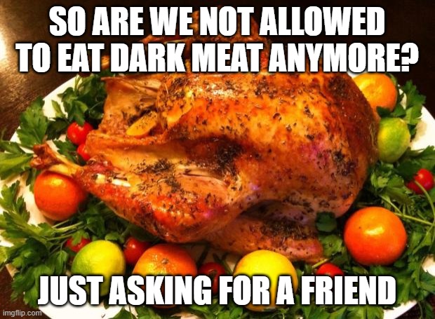 Roasted turkey | SO ARE WE NOT ALLOWED TO EAT DARK MEAT ANYMORE? JUST ASKING FOR A FRIEND | image tagged in roasted turkey | made w/ Imgflip meme maker