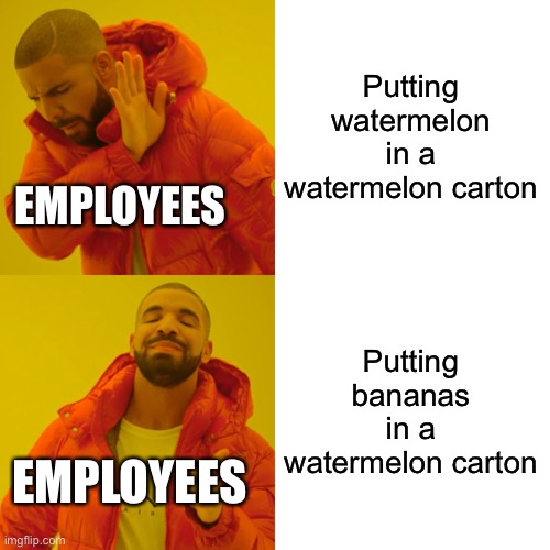 Drake Hotline Bling Meme | Putting watermelon in a watermelon carton Putting bananas in a watermelon carton EMPLOYEES EMPLOYEES | image tagged in memes,drake hotline bling | made w/ Imgflip meme maker