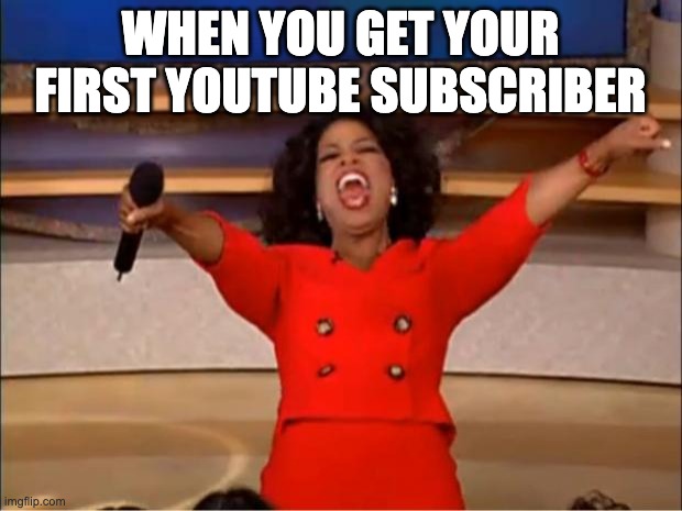 Oprah You Get A Meme | WHEN YOU GET YOUR FIRST YOUTUBE SUBSCRIBER | image tagged in memes,oprah you get a | made w/ Imgflip meme maker