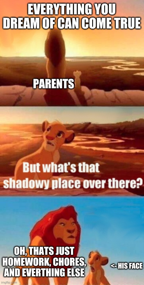 His face... | EVERYTHING YOU DREAM OF CAN COME TRUE; PARENTS; OH, THATS JUST HOMEWORK, CHORES, AND EVERTHING ELSE; <- HIS FACE | image tagged in memes,simba shadowy place | made w/ Imgflip meme maker