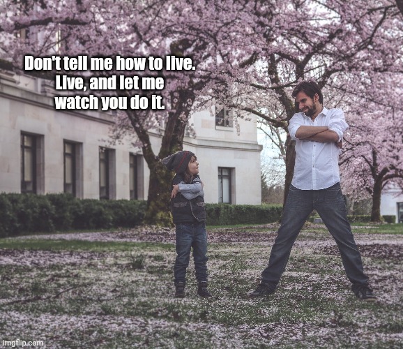 Don't tell me how to live.
Live, and let me
watch you do it. | image tagged in inspirational | made w/ Imgflip meme maker