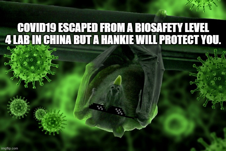 COVID19 a mask will protect you | COVID19 ESCAPED FROM A BIOSAFETY LEVEL 4 LAB IN CHINA BUT A HANKIE WILL PROTECT YOU. | image tagged in covid,covidiots,mask,wuhan,bats | made w/ Imgflip meme maker