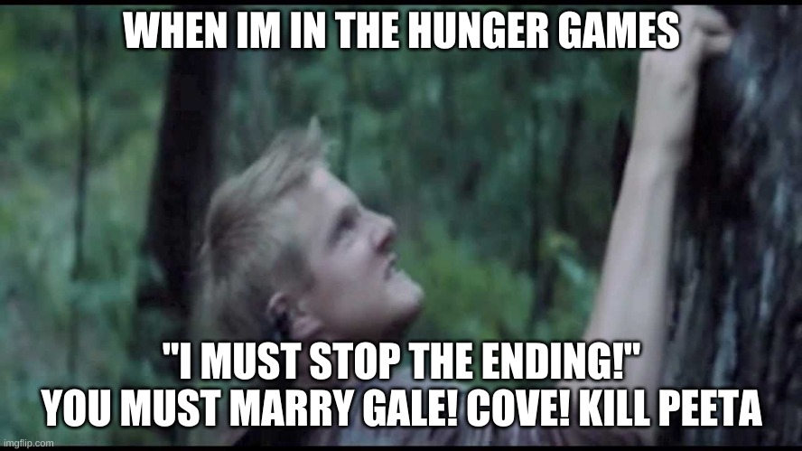 hunger games | WHEN IM IN THE HUNGER GAMES; "I MUST STOP THE ENDING!" YOU MUST MARRY GALE! COVE! KILL PEETA | image tagged in hunger games | made w/ Imgflip meme maker