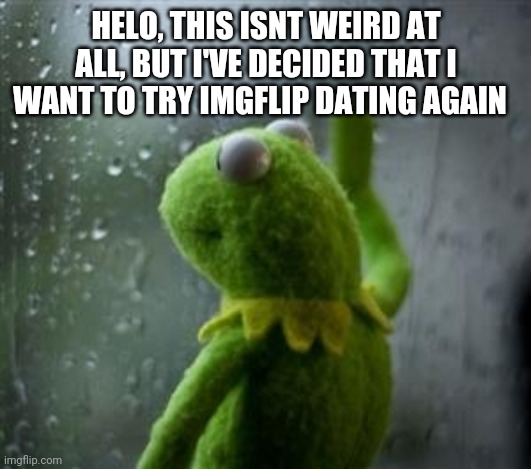 sad kermit at window | HELO, THIS ISNT WEIRD AT ALL, BUT I'VE DECIDED THAT I WANT TO TRY IMGFLIP DATING AGAIN | image tagged in sad kermit at window,taken | made w/ Imgflip meme maker