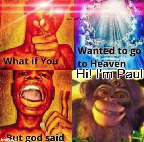 God says. Hi! I'm Paul | Hi! I'm Paul | image tagged in what if you wanted to go to heaven,paul the three eyed monkey,hi i'm paul,memes | made w/ Imgflip meme maker