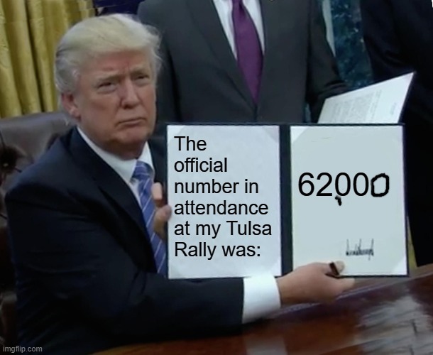 Trump Bill Signing Meme | The official number in attendance at my Tulsa Rally was:; 6200 | image tagged in memes,trump bill signing | made w/ Imgflip meme maker