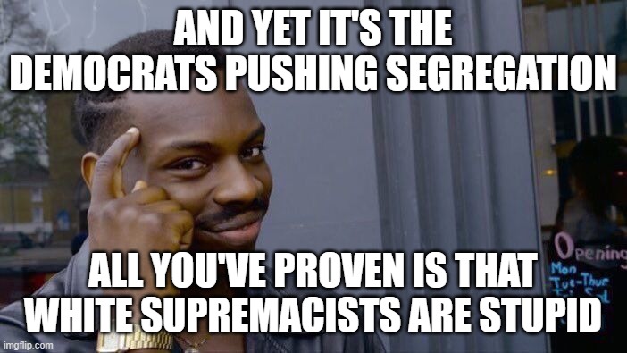 Roll Safe Think About It Meme | AND YET IT'S THE DEMOCRATS PUSHING SEGREGATION ALL YOU'VE PROVEN IS THAT WHITE SUPREMACISTS ARE STUPID | image tagged in memes,roll safe think about it | made w/ Imgflip meme maker